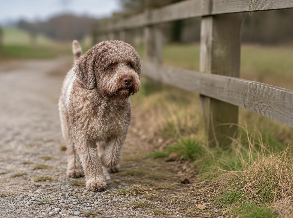 Lagotto Romagnolo på grusvej foran træhegn på ejendommen