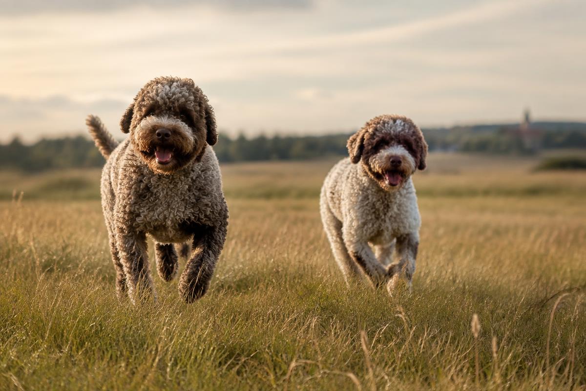 To Lagotto Romagnolo løber gennem en gylden eng